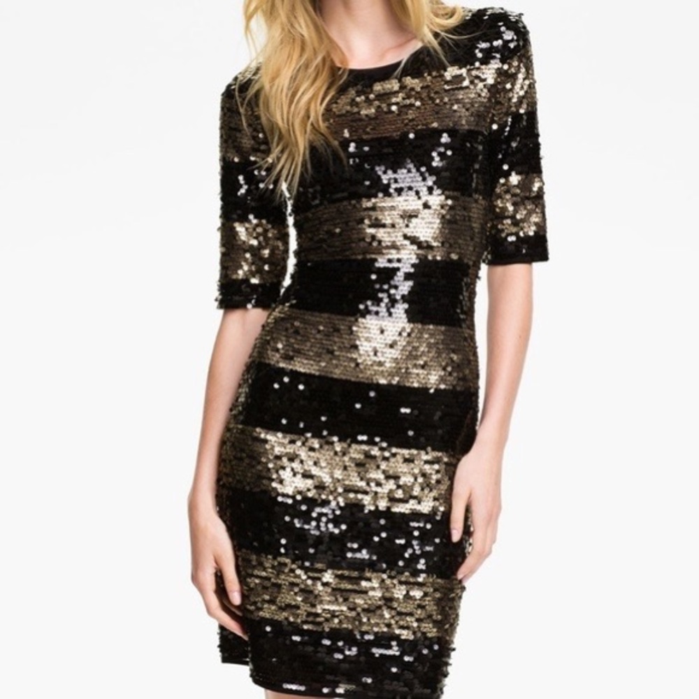 BCBGMAXAZRIA Black/Gold Marta Sequin Night Out Bodycon Dress